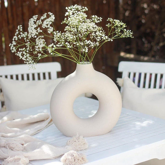 Elegant White Minimalist Ceramic Donut Vase for Home Decor - Multiple Sizes