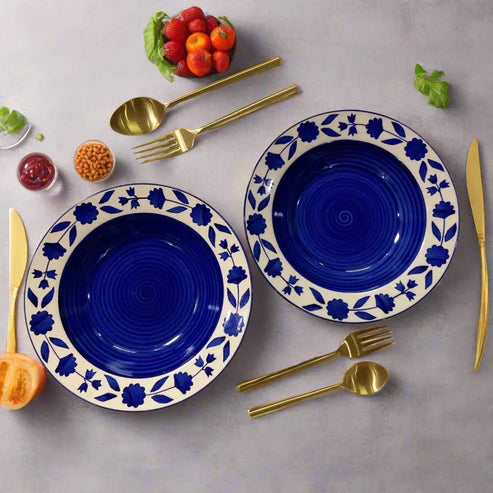 Royal Bloom Blue White Ceramic Pasta & Soup Plate Set