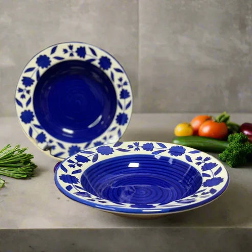 Royal Bloom Blue White Ceramic Pasta & Soup Plate Set