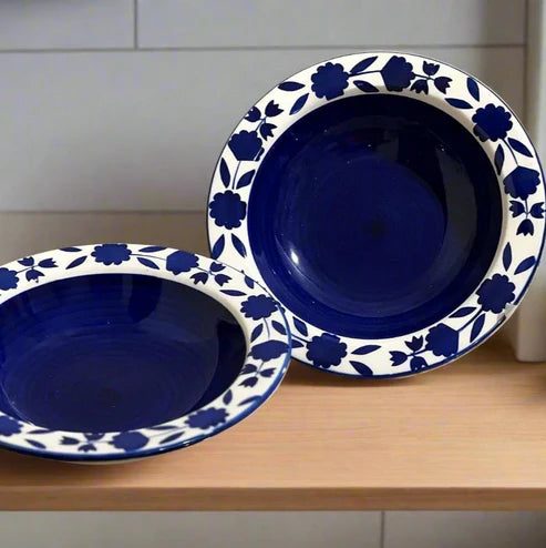 Royal Bloom Blue White Ceramic Pasta & Soup Plate Set