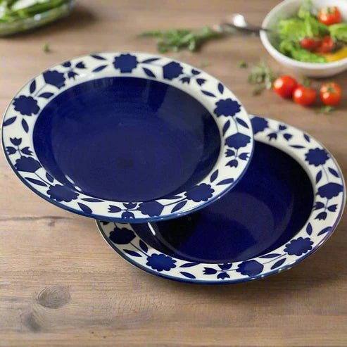 Royal Bloom Blue White Ceramic Pasta & Soup Plate Set