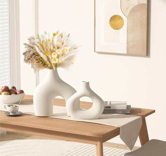 Round Matte Boho White Ceramic Vases Set of 2