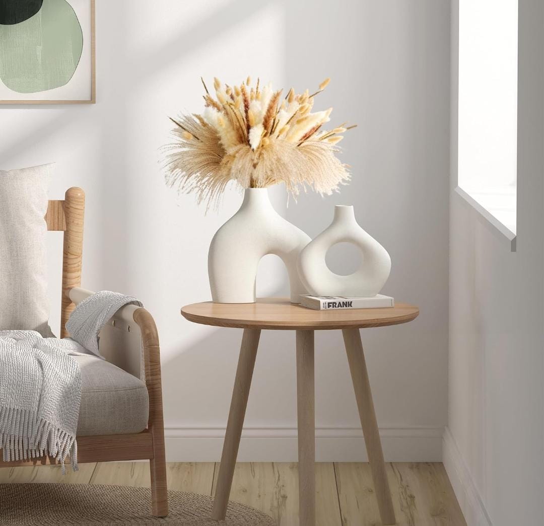 Round Matte Boho White Ceramic Vases Set of 2