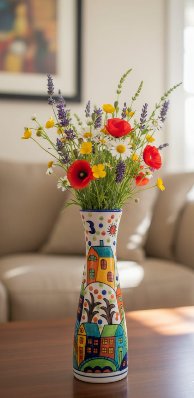 Whimsical Village Hand-Painted Artistic Flower Vase