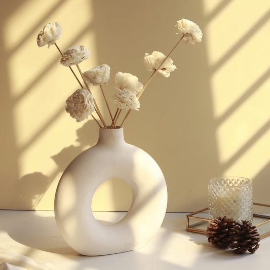 Elegant White Minimalist Ceramic Donut Vase for Home Decor - Multiple Sizes