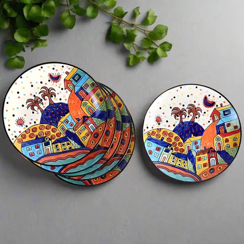 Hand-Painted Hut Design Ceramic Plates - 10-inch, Set of 6
