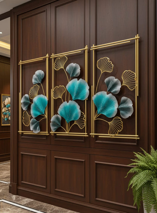 Elegance in Teal: 3-Panel Ginkgo Leaf Wall Decor