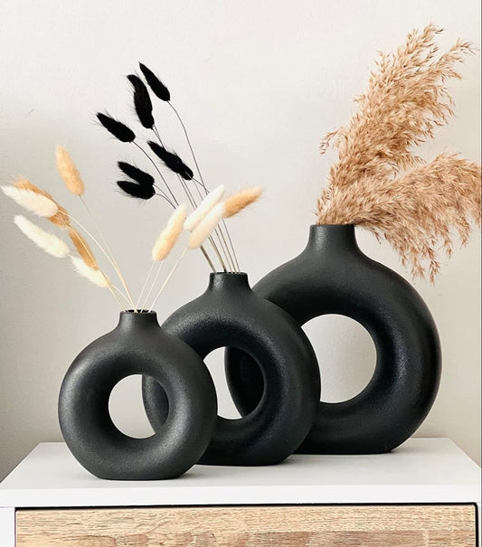 Black Minimalist Ceramic Donut Vase for Home Decor - Multiple Sizes