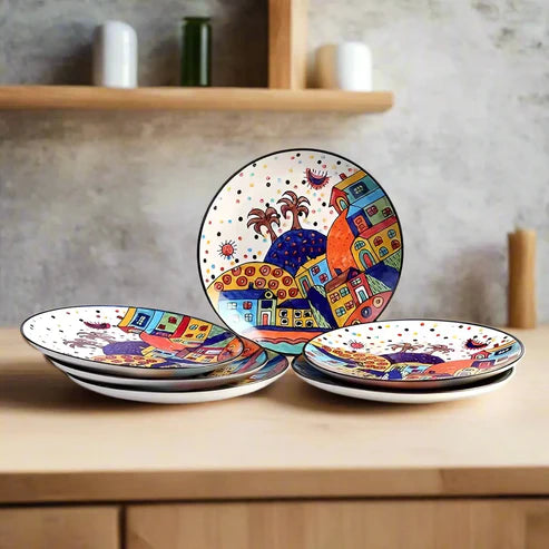 Hand-Painted Hut Design Ceramic Plates - 10-inch, Set of 6