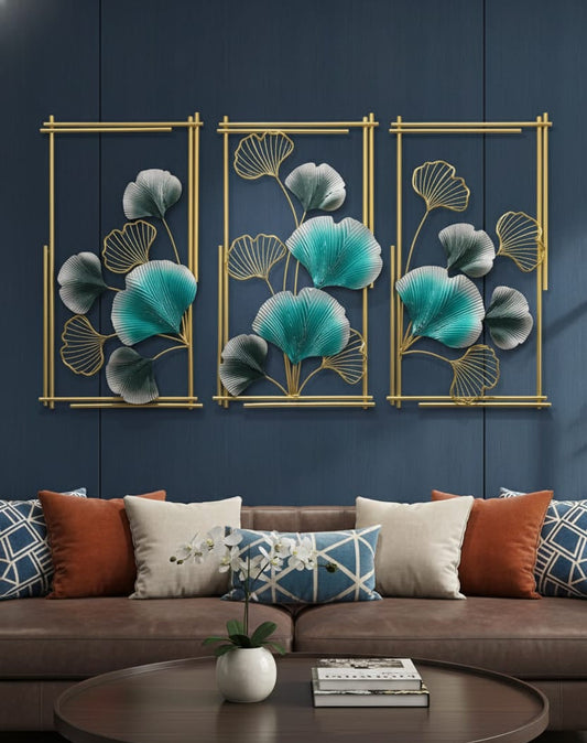 Elegance in Teal: 3-Panel Ginkgo Leaf Wall Decor