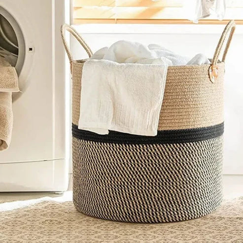 Beige & Black Handmade Cotton Planter & Storage Basket