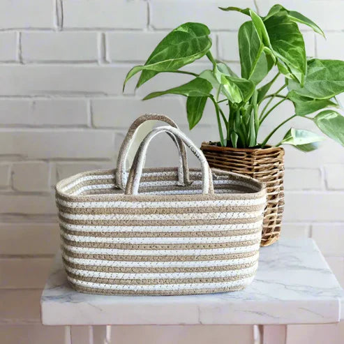 White & Brown Eco Chic Cotton Basket - 9 x 5 x 5 inch