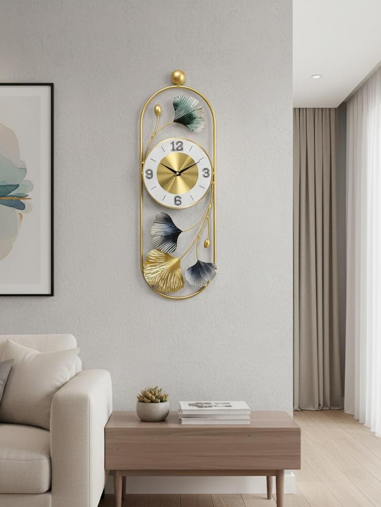 Golden Grace Ginkgo Wall Clock – Luxury Metal Art Timepiece