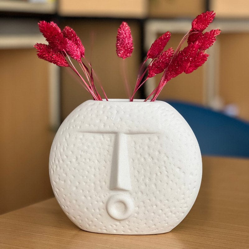 Contemporary Textured Face Shape Off White Matte Ceramic Vase - 2 Sizes