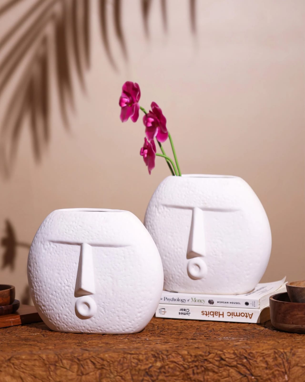 Contemporary Textured Face Shape Off White Matte Ceramic Vase - 2 Sizes