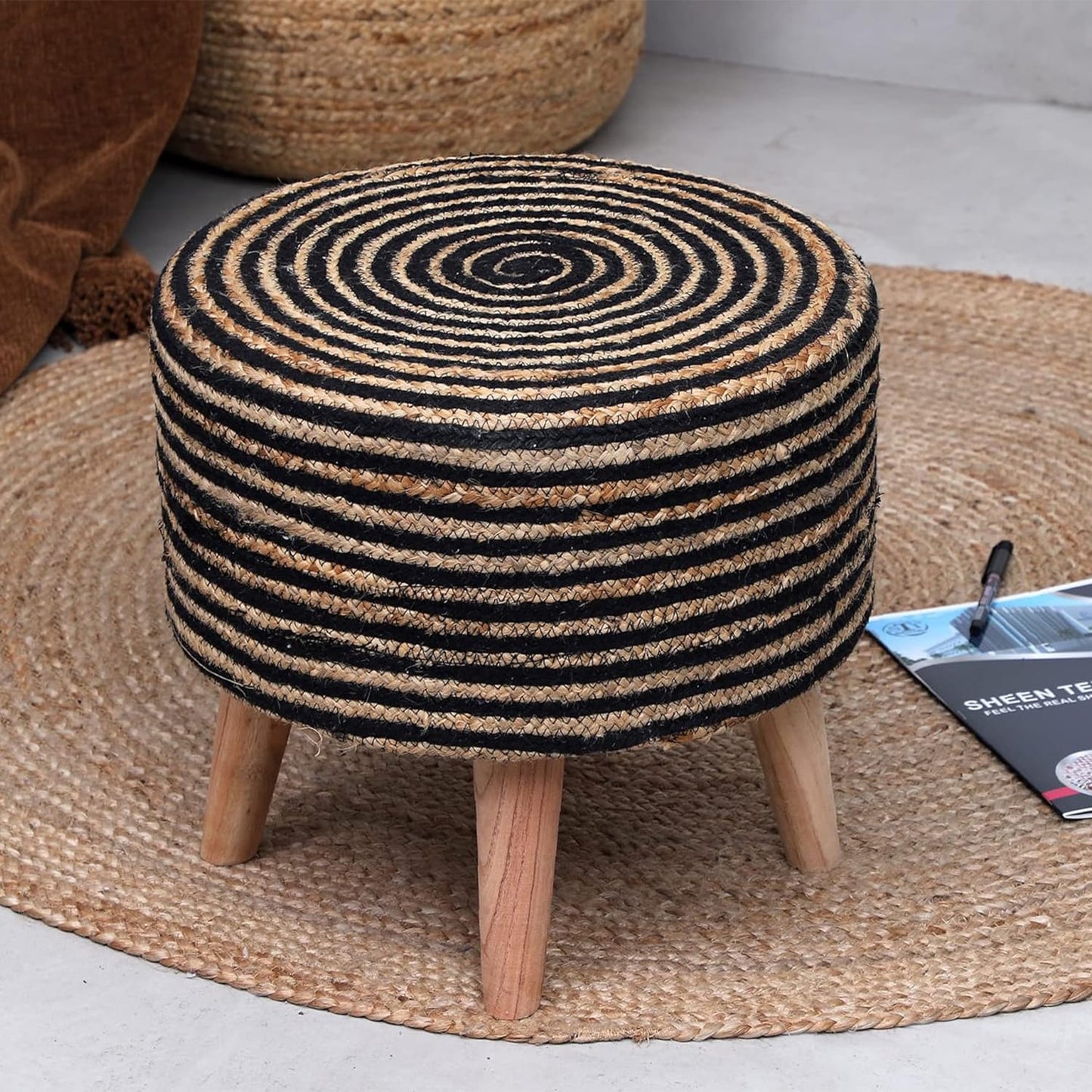 Homestic Aesthetic Jute Cotton Ottoman for Sitting Stool for Living Room - Multiple Sizes