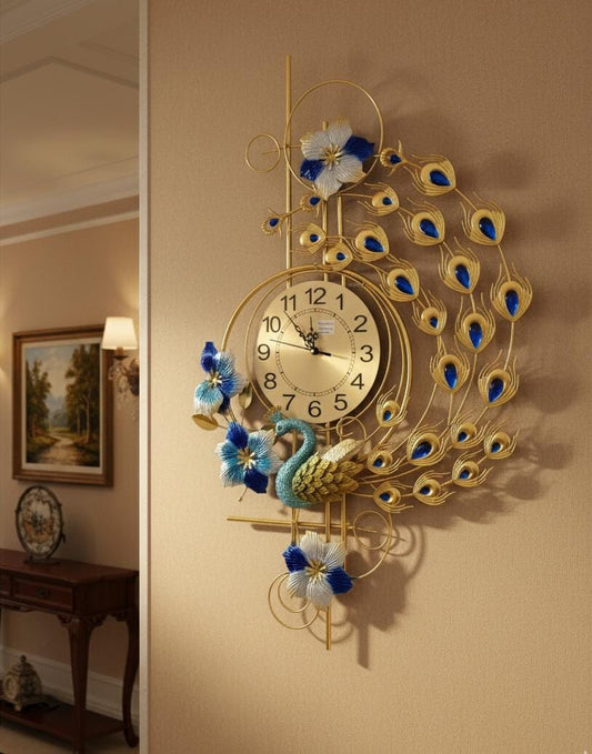 Luxury Blue Jewel Peacock Wall Art Clock