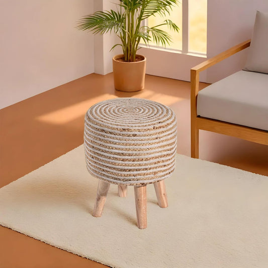 White Cotton Jute Poufs, Wooden Ottoman Stools For Living Room - Multiple Sizes