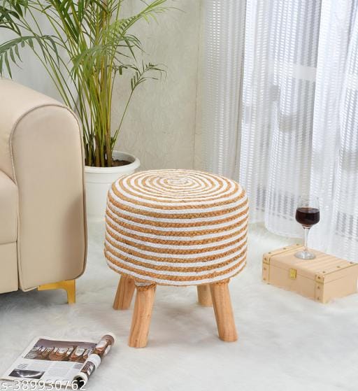 White Cotton Jute Poufs, Wooden Ottoman Stools For Living Room - Multiple Sizes