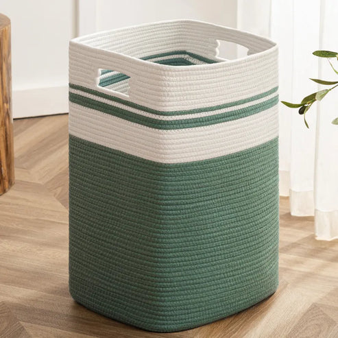 White & Green Cotton Stripes Laundry Basket - 18 x 15 x 11 inch