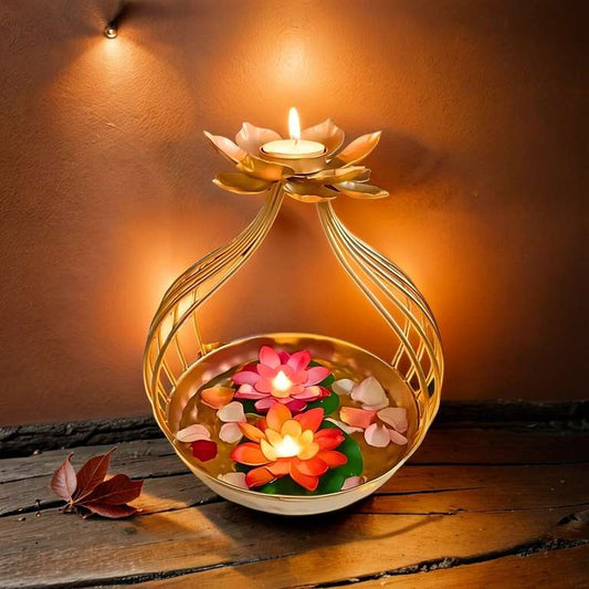 Flower Design Urli Bowl With Candle Holder