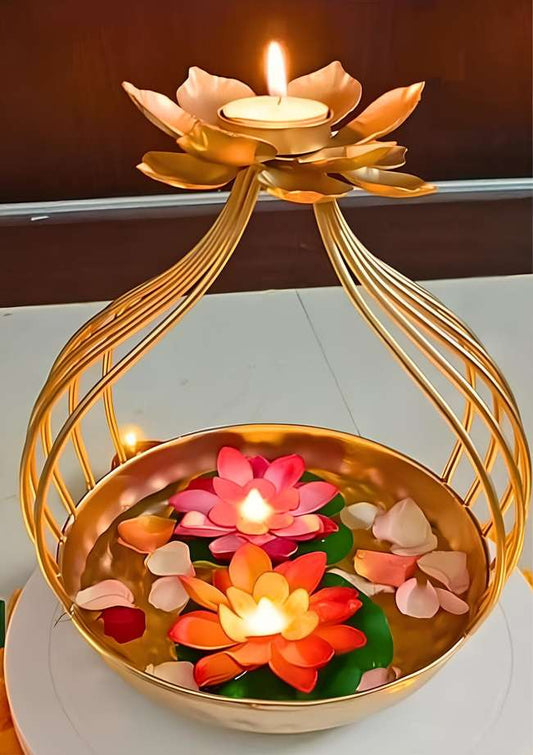 Flower Design Urli Bowl With Candle Holder