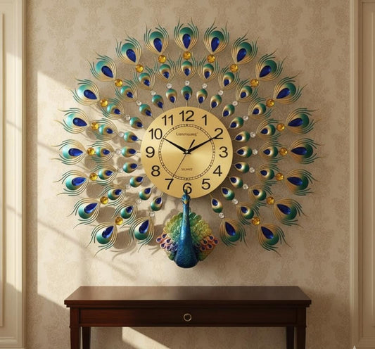 Majestic Peacock Feather Wall Clock: Gilded Elegance