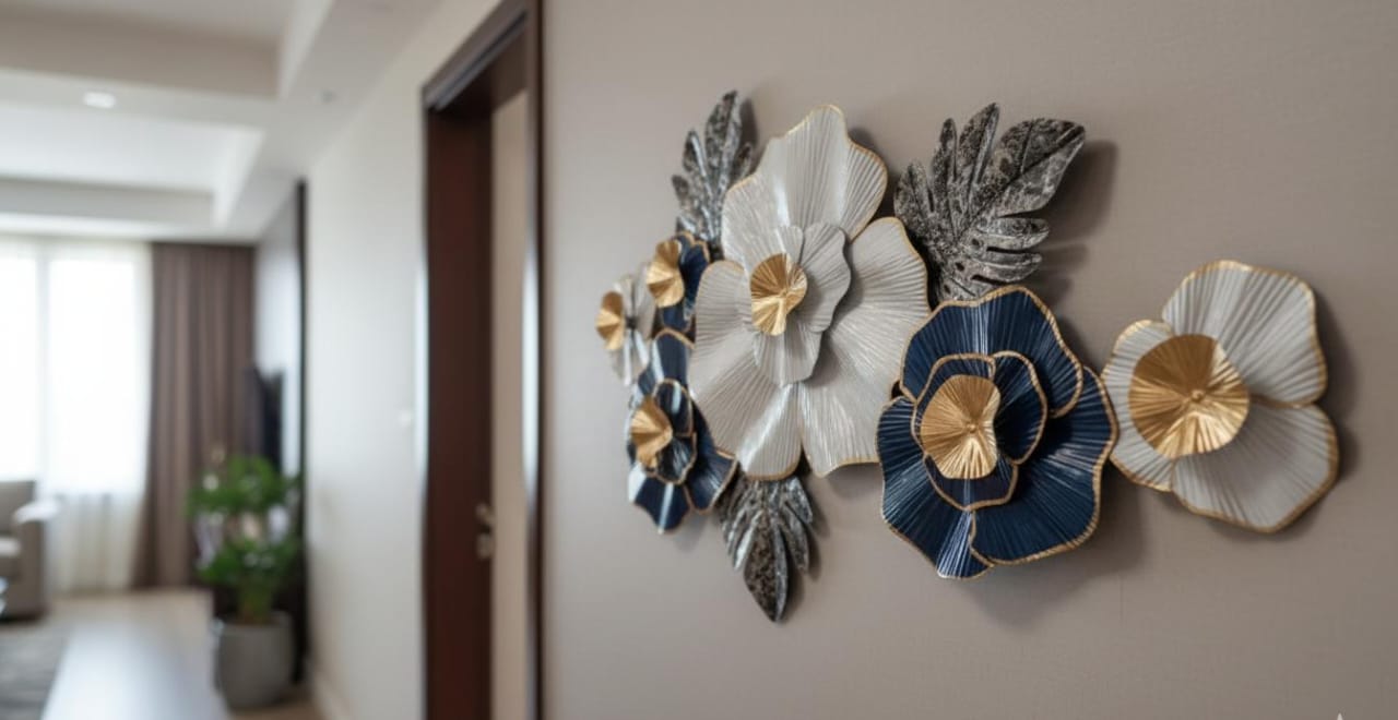 Luxe Bloom: Navy & Gold Modern Metal Floral Wall Art