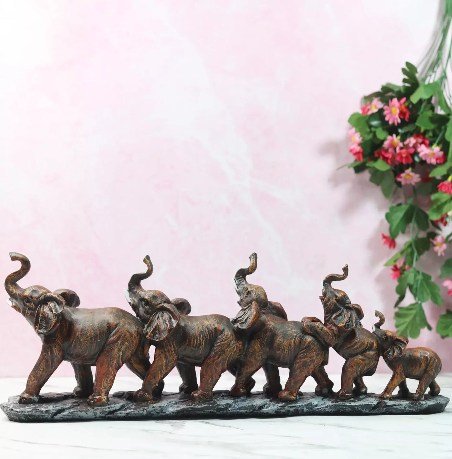 Elegant Five Elephant Statue Polyresin Artwork