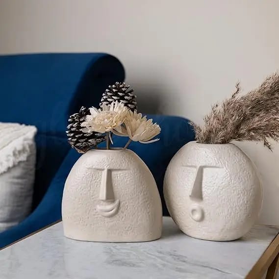 Joyful Expressions White Textured Ceramic Face Vases- Set of 2