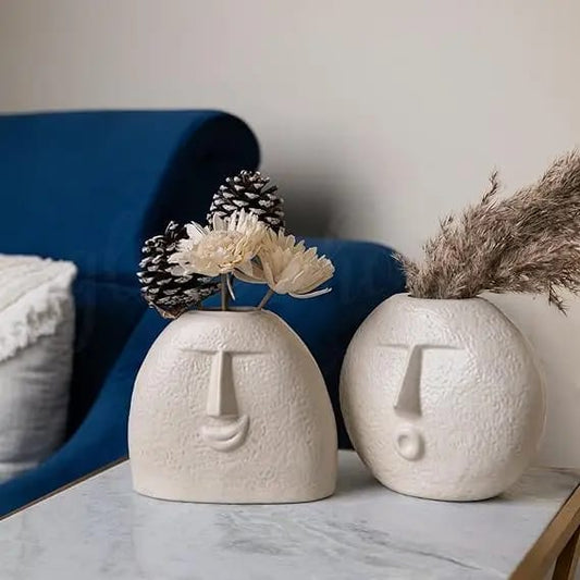 Joyful Expressions White Textured Ceramic Face Vases- Set of 2