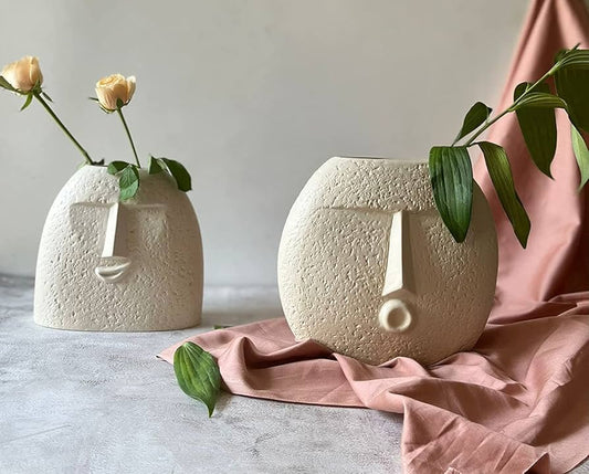 Joyful Expressions White Textured Ceramic Face Vases- Set of 2