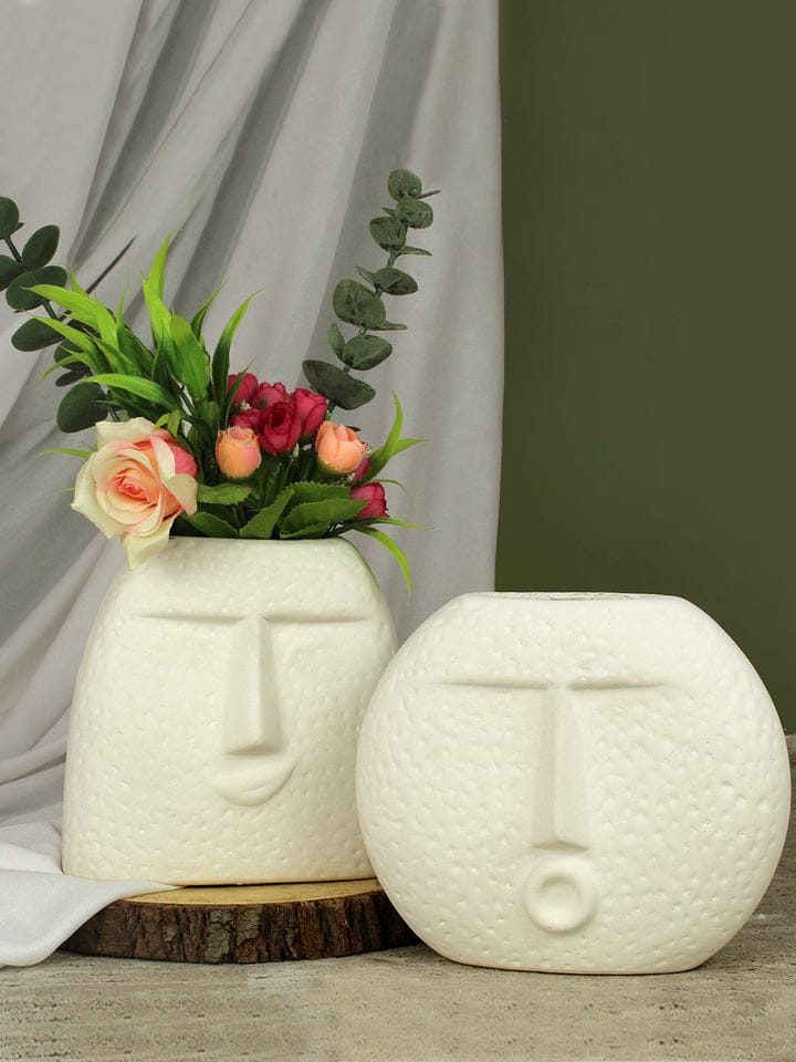 Joyful Expressions White Textured Ceramic Face Vases- Set of 2