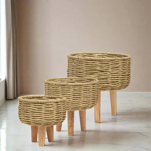 Rustic & Eco-Friendly Handwoven Beige & White Jute Planter Baskets - Set of 3