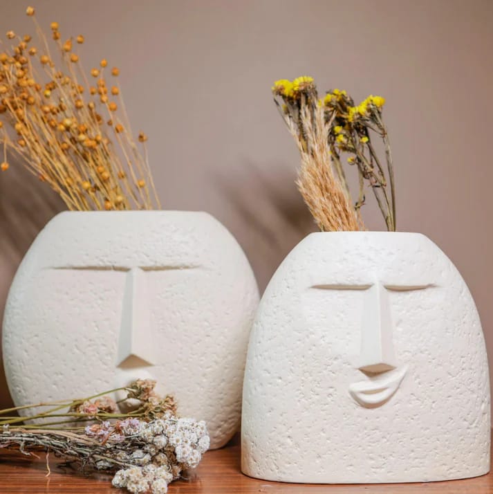 Joyful Expressions White Textured Ceramic Face Vases- Set of 2