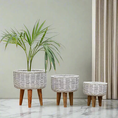 Rustic & Eco-Friendly Handwoven Beige & White Jute Planter Baskets - Set of 3