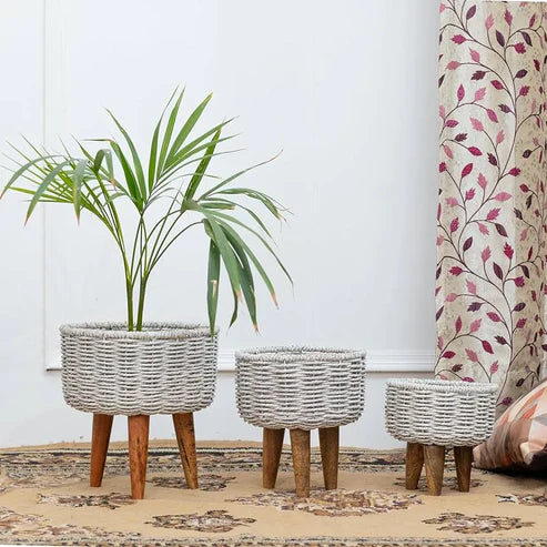 Rustic & Eco-Friendly Handwoven Beige & White Jute Planter Baskets - Set of 3
