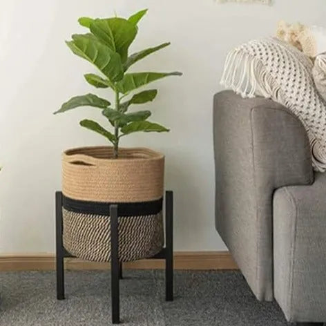 Rustic Charm Beige & Black Cotton Planter & Organizer