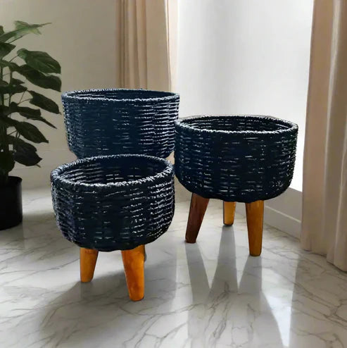 Rustic & Eco-Friendly Handwoven Black & Red Jute Planter Baskets - Set of 3