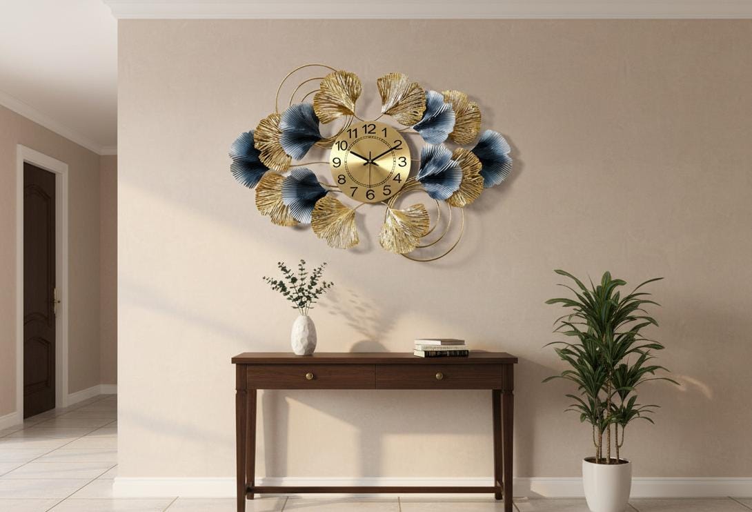 The Serenity Clock: Gold & Blue Statement Wall Art