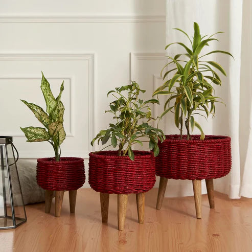 Rustic & Eco-Friendly Handwoven Black & Red Jute Planter Baskets - Set of 3