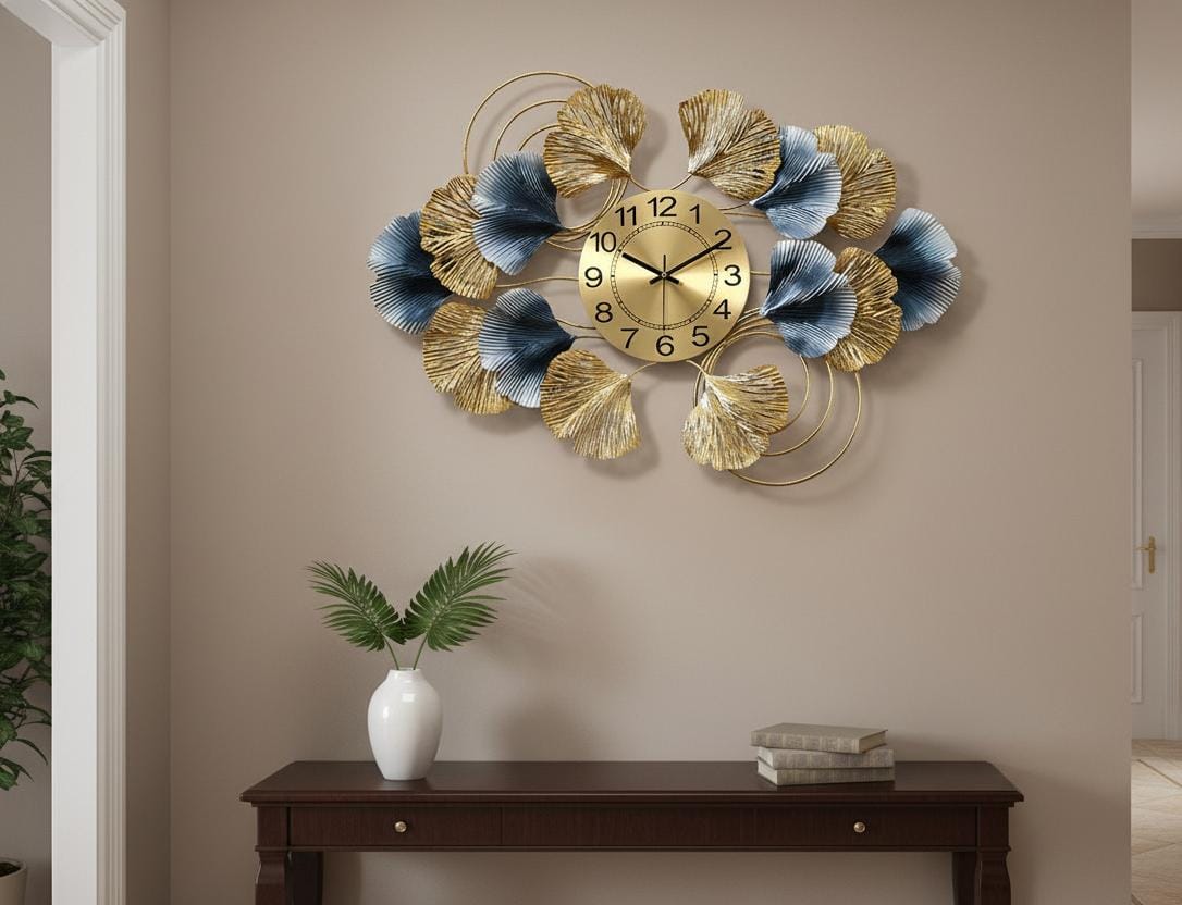 The Serenity Clock: Gold & Blue Statement Wall Art