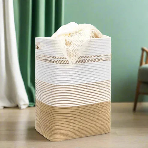 White & Beige Cotton Rope Storage Basket - 18 x 15 x 11 inch