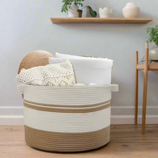 White & Beige Cotton Laundry Organizer - Small, Medium, Large