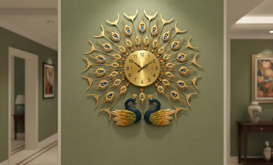 Glam Gold Feather burst Wall Clock with Double Peacock Base