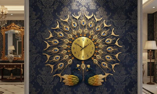 Glam Gold Feather burst Wall Clock with Double Peacock Base