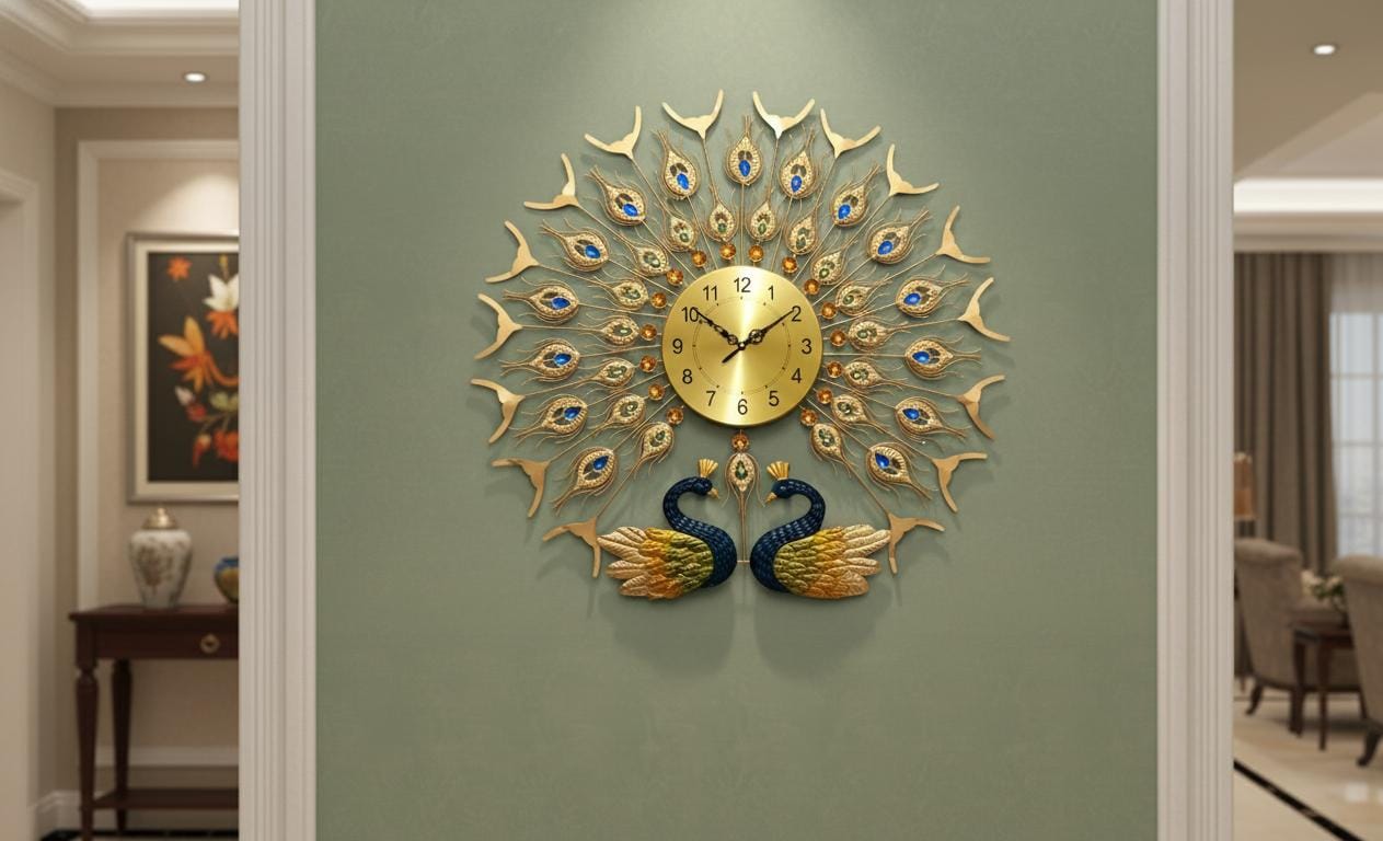 Glam Gold Feather burst Wall Clock with Double Peacock Base