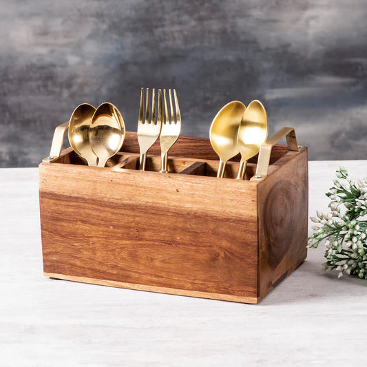 Teak Wood Spoon Stand - Gold Handle