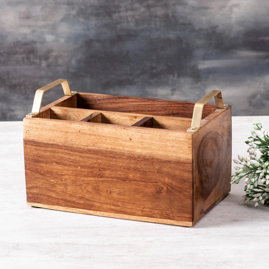 Teak Wood Spoon Stand - Gold Handle