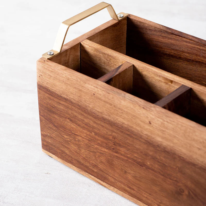 Teak Wood Spoon Stand - Gold Handle
